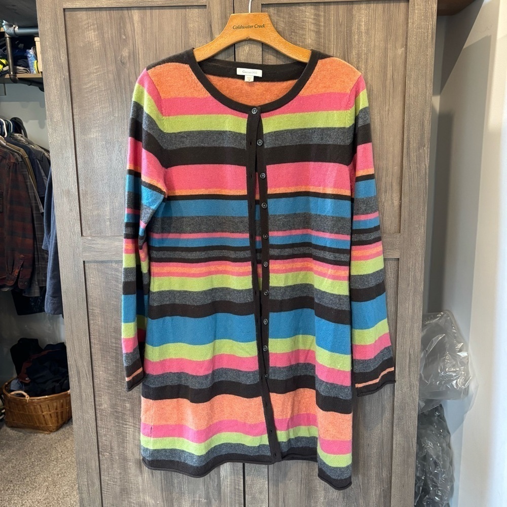 Garnet Hill Medium Cashmere Cardigan Long Lines Colorful Stripes Button Front